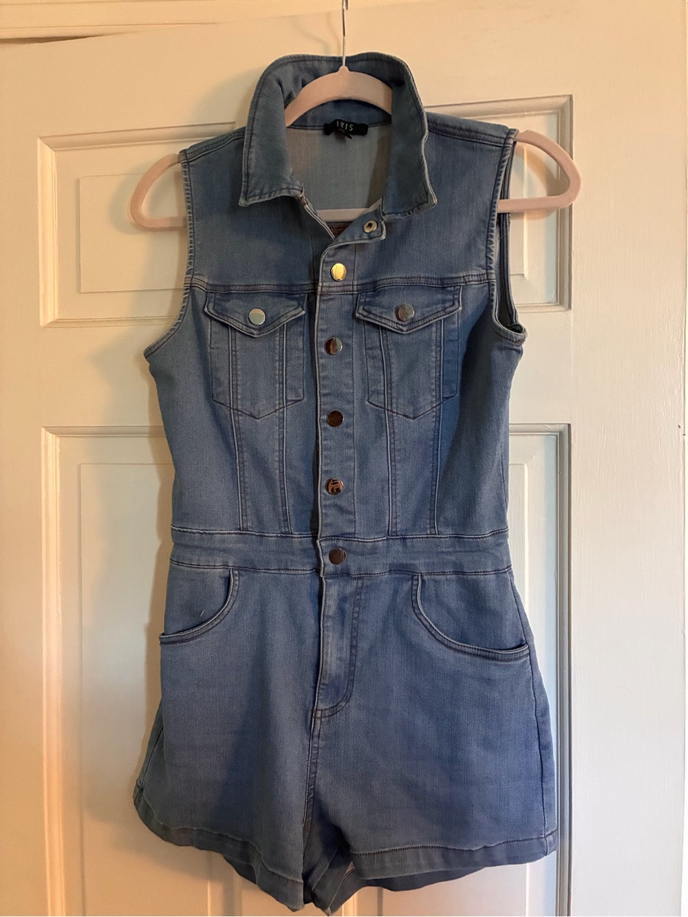 iris Light Blue Denim Romper Shorts